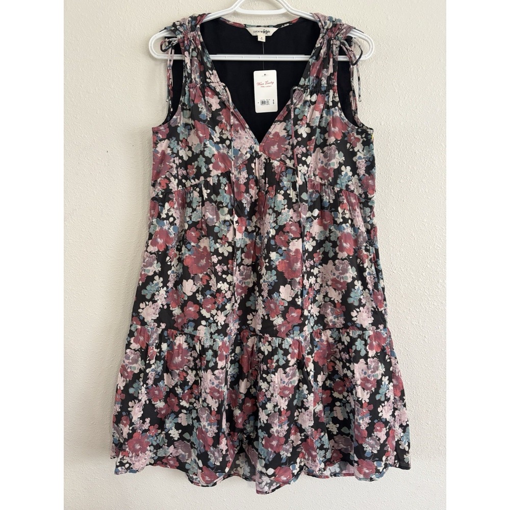 Lucky Brand Dress Small Floral Tiered Boho Cotton Mini Relaxed Cottage Core NWT